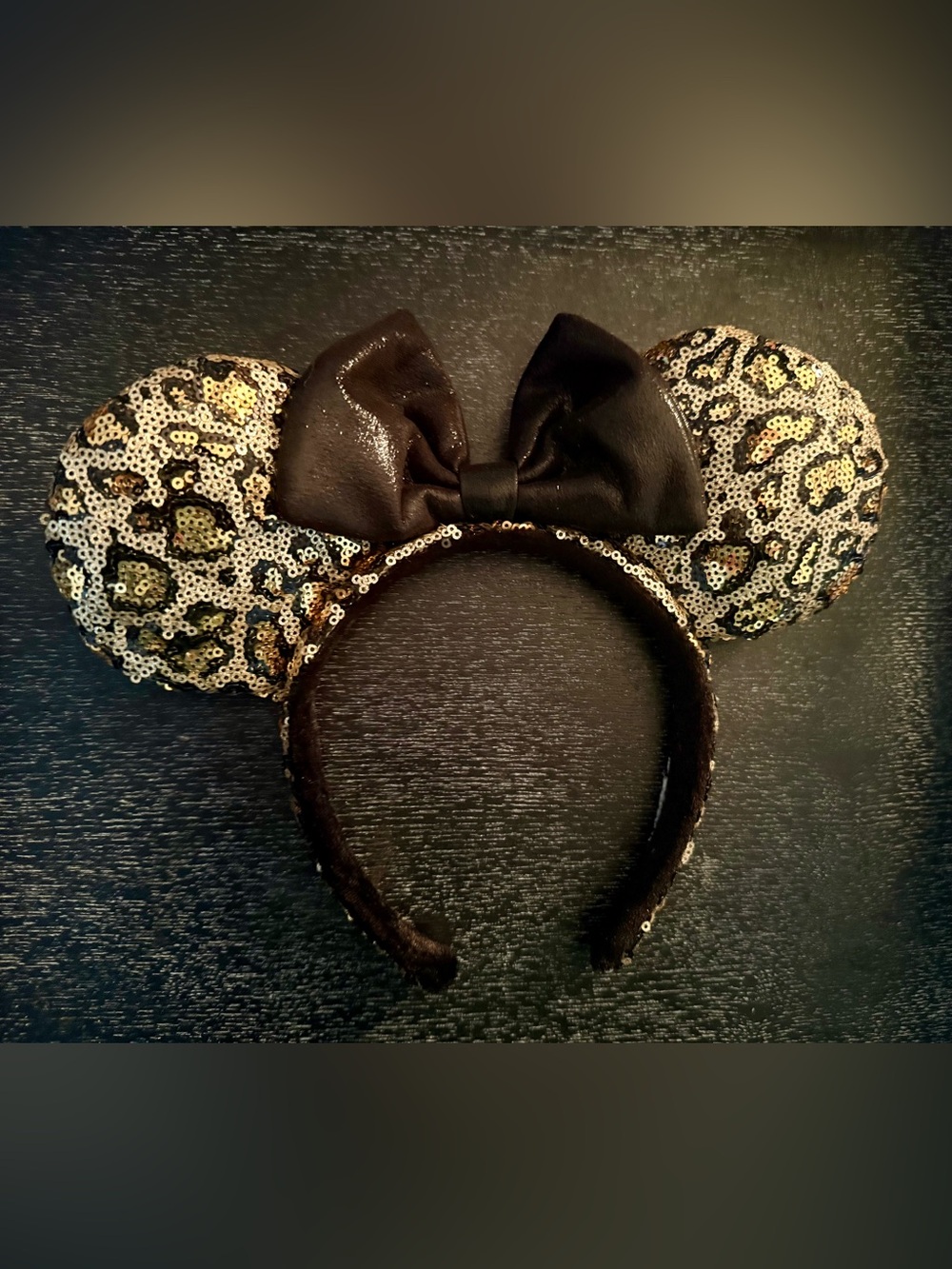 Disney Leopard Sequin Minnie Ear Headband with Black Bow